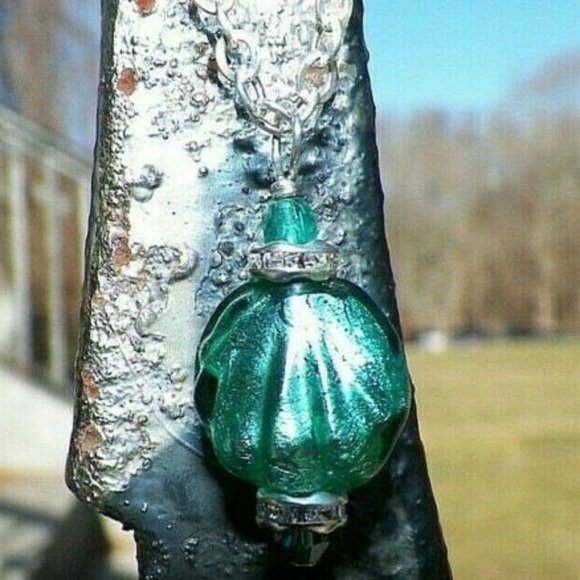 18" Sterling Silver Green Foil Lampwork Necklace - Picture 3 of 6